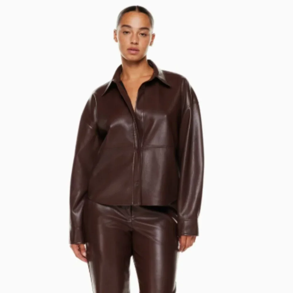 Aritzia Babaton Dark Brown Faux Leather Shirt Jacket Size Small LIKE NEW - Picture 2 of 7